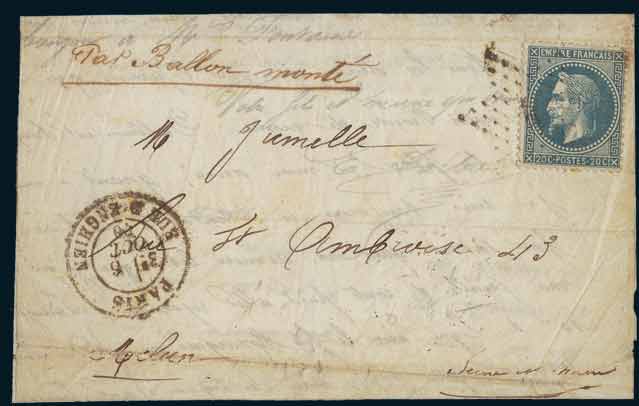 20c Lauré sur lettre<br> de Paris 6 octobre 1870 <br>à destination de Melun <br>(Seine-et-Marne). <br>Arrivée le 18 octobre 1870 