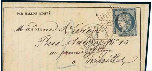 20c siège (défectueux) <br> oblitération étoile sur <br> Gazette des absents No 5,<br>  frappée du cachet à date Paris <br> Rue Montaigne du 8 novembre 1870 <br> à destination de Versailles 