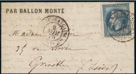 20c lauré Oblitéré du<br>  Cachet à date ARMEE FRANCAISE<br>  QUARTIER GENERAL du 9 novembre 1870 <br> sur lettre de Neuilly <br> à destination de Grenoble.<br>  Arrivée le 28 novembre