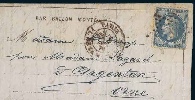 No 29 oblitéré, étoile <br> sur Dépêche ballon 8 <br> frappée du cachet à date de Paris <br> 6 décembre 70 à destination d'Argentan <br> au verso Cachet à date Paris à Grandville <br> du 7 décembre 1870