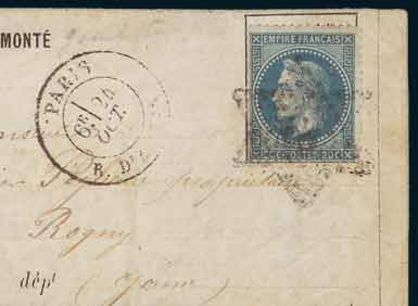 20c Siège sur correspondance <br> HAVAS frappée du cachet <br> à date de PARIS du 19 octobre 1870 <br> à destination de Verdun. <br> Taxe au crayon bleu pour le port<br>  sur le territoire occupé. <br> 30c payés en numéraire PP