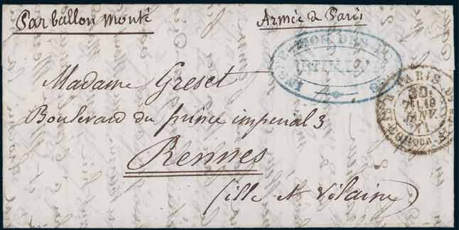 Lettre frappée du Cachet militaire <br> INSPECTION DES FORCES ARTILLERIE <br> et du cachet à date taxe de 30c <br> de PARIS 19 janvier 1871<br>  à destination de RENNES.<br>  Arrivée le 26 janvier