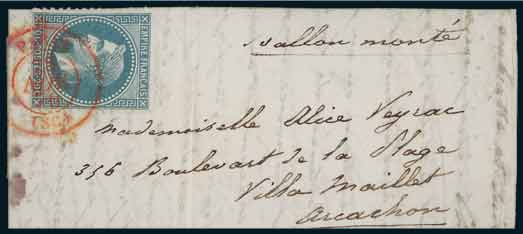 20c LAURE Oblitéré par<br>  Cachet à date de PARIS SC <br> en rouge du 28 novembre 1870 <br> à destination d'Arcachon