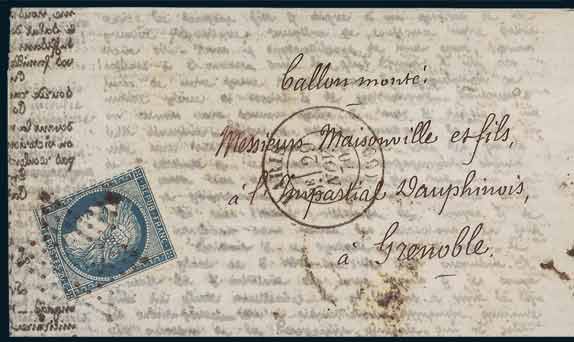 20c Siège <br> sur correspondance HAVAS <br> frappée du Cachet à date <br> de PARIS du 29 novembre 1870 <br> à destination de GRENOBLE. <br> Arrivée le 4 décembre 70