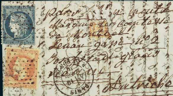 20c Siège et 40c LAURE <br> sur lettre frappée du cachet <br> à date de PARIS du 19 Décembre 70<br>  à destination de VIENNE (AUTRICHE). <br> Arrivée le 31 décembre 70. 