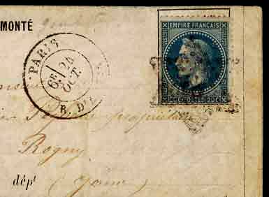 20c LAURE sur formule imprimée <br> frappée du cachet <br> à date de PARIS du 24 octobre 70 <br> à destination de l'YONNE.<br>  Arrivée le 5 novembre 70.  