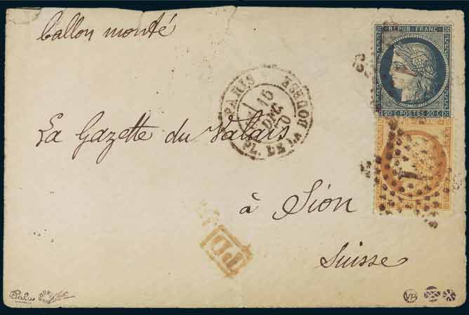 10c 20c Siège sur Gazette <br> du Valais cmplète frappée <br> du cachet à date de PARIS <br> du 15 décembre 1870 à destination de SION <br> (VALAIS SUISSE). Arrivée <br> le 28 décembre 70.