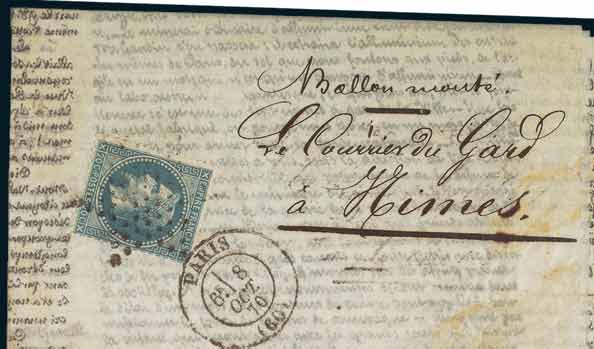 20c LAURE sur <br>correspondance HAVAS <br> frappée du Cachet à date <br> de PARIS du 6 octobre 1870  <br>à destination de NIMES.  <br>Arrivée le 17 octobre 1870.
