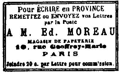 Étiquette mise sur l'enveloppe par l'Agence Ed. Moreau.